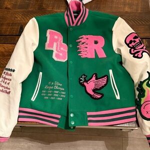 Stylish Green and Pink Varsity Jacket